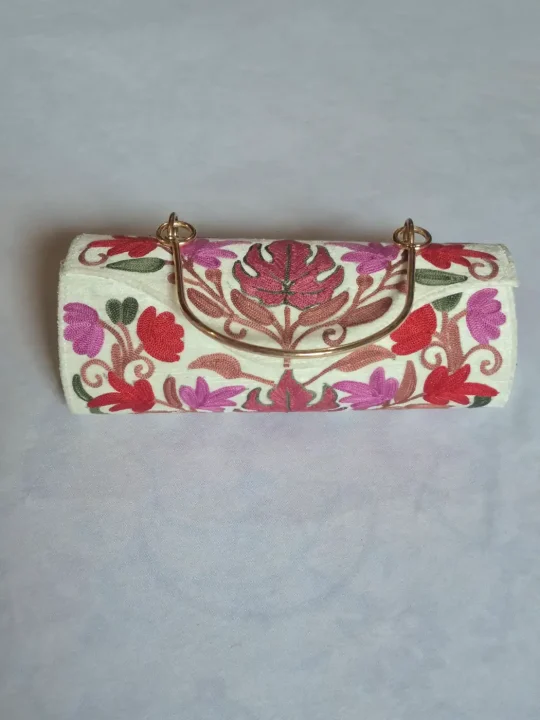 Laiqa Kashmiri White Clutch Handbag with Aari Embroidery