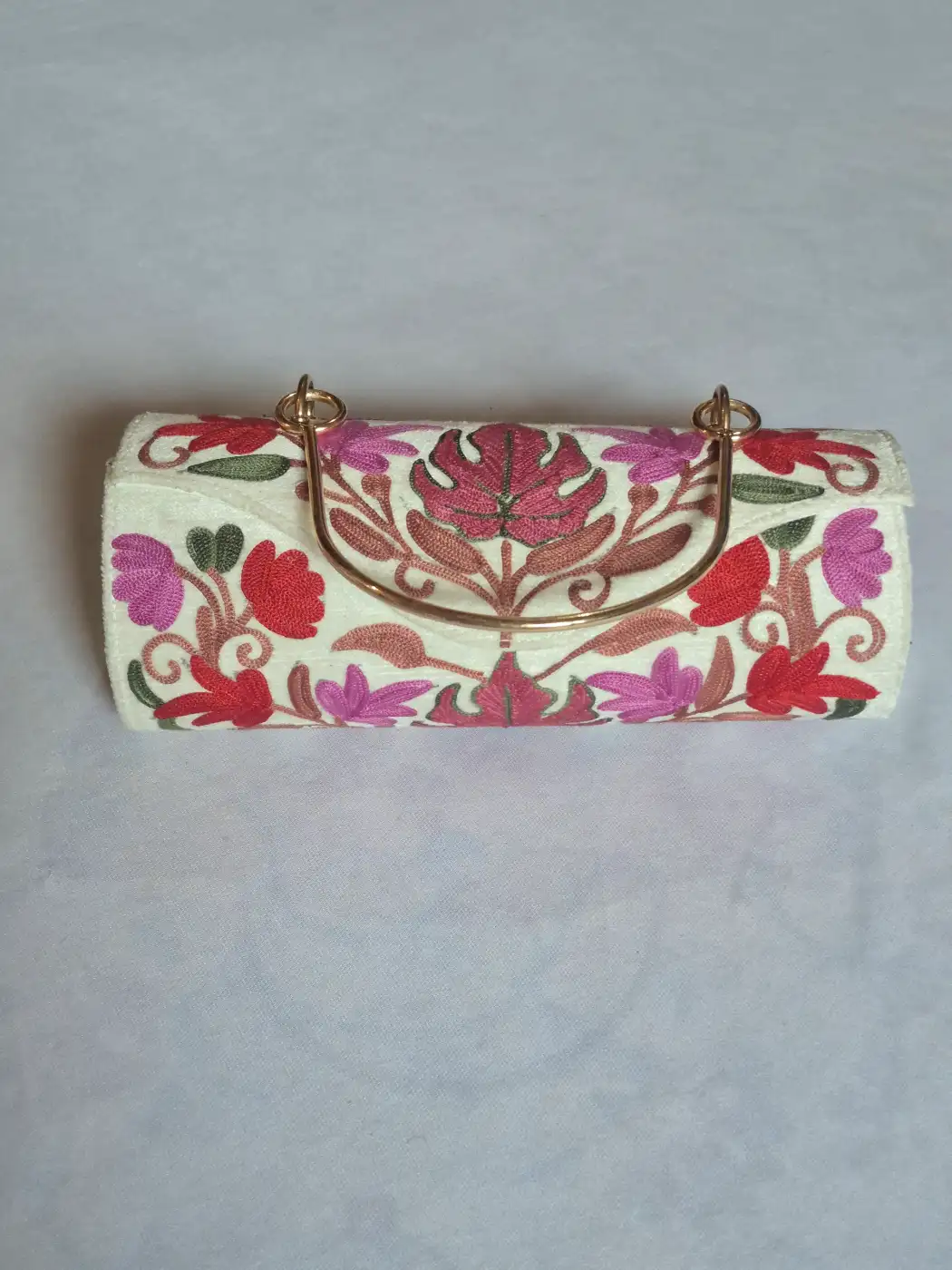 Laiqa Kashmiri White Clutch Handbag with Aari Embroidery