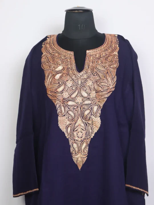 Laraib Kashmiri Raffal Wool Botte Tilla Work Pheran Navy Blue - Image 2