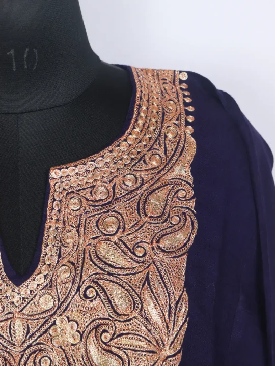 Laraib Kashmiri Raffal Wool Botte Tilla Work Pheran Navy Blue - Image 3