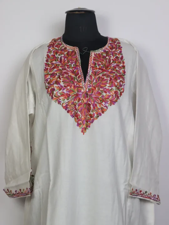 Liyana White Kashmiri Aari Embroidered Cashmilon Wool Pheran - Image 2