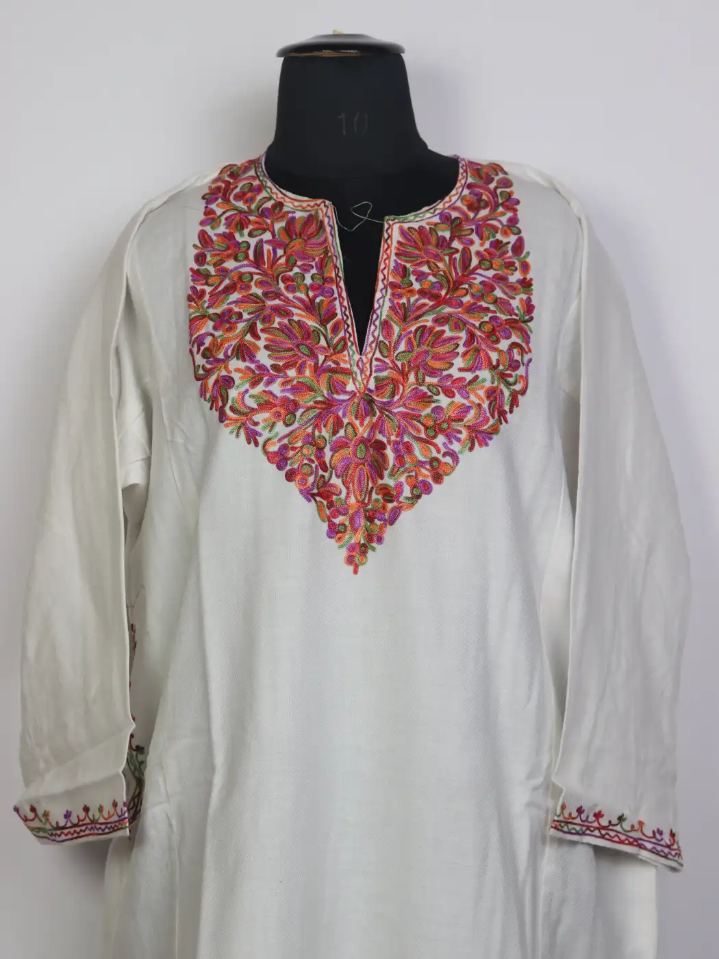 Liyana White Kashmiri Aari Embroidered Cashmilon Wool Pheran - Image 2