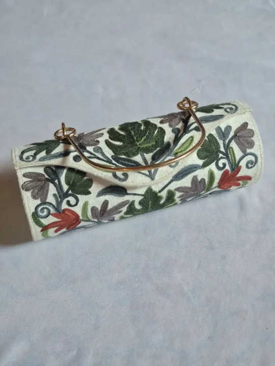 Lubna Kashmiri White Clutch Handbag with Aari Embroidery