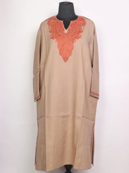 Maham Kashmiri Raffal Wool Hand Sozni Embroidery Pheran Beige