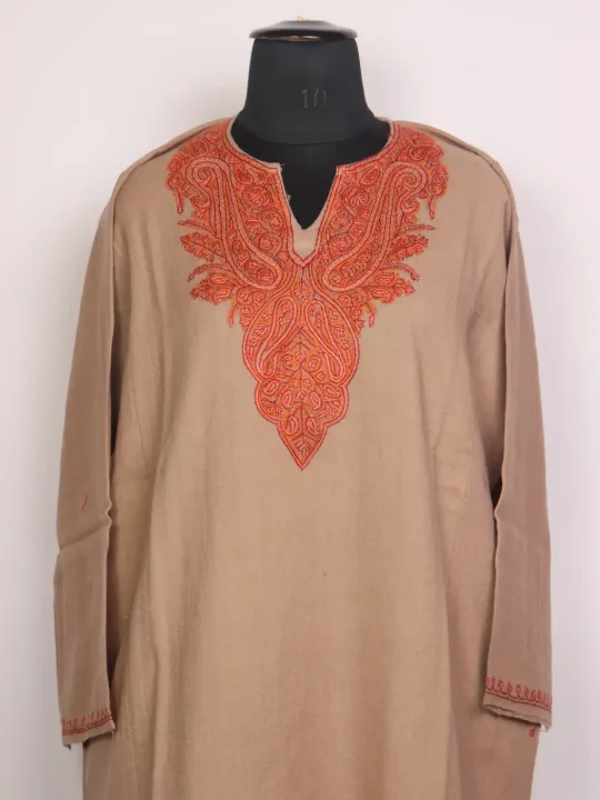 Maham Kashmiri Raffal Wool Hand Sozni Embroidery Pheran Beige - Image 2