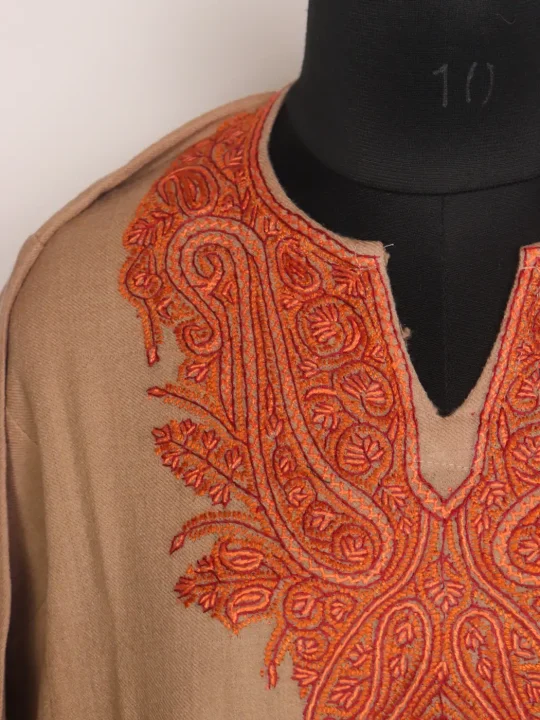 Maham Kashmiri Raffal Wool Hand Sozni Embroidery Pheran Beige - Image 3