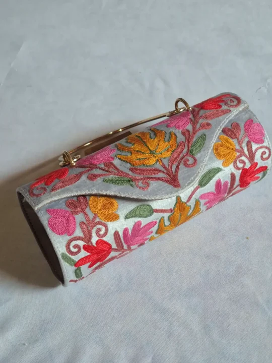 Mahira Kashmiri Grey Clutch Handbag with Aari Embroidery - Image 2