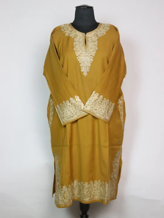 Mustard Kashmiri Pheran In Raffal Wool With Aari And Zari Embroidery | Mahnaz