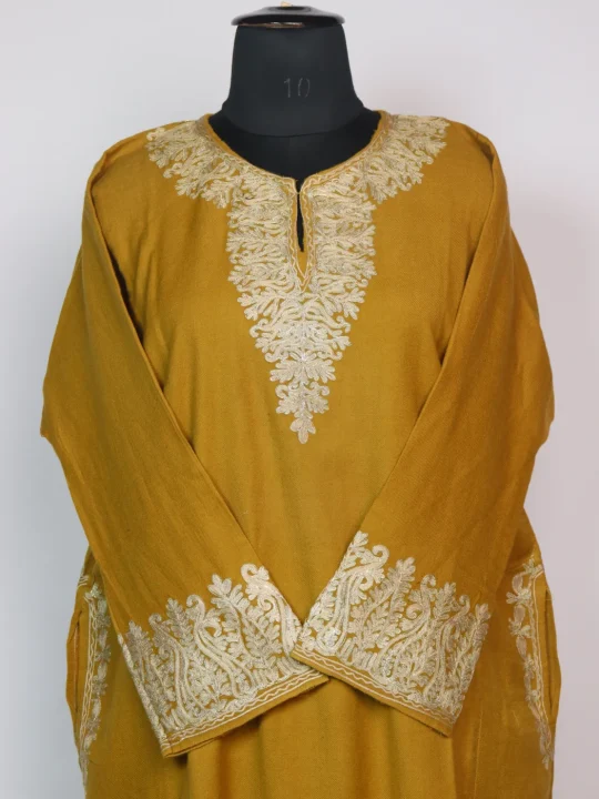 Mustard Kashmiri Pheran In Raffal Wool With Aari And Zari Embroidery | Mahnaz - Image 2