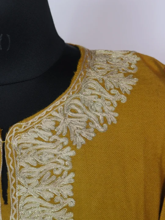 Mustard Kashmiri Pheran In Raffal Wool With Aari And Zari Embroidery | Mahnaz - Image 3
