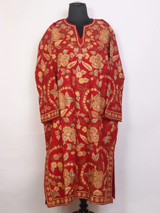 Mahnoor Kashmiri Red Aari Embroidered Jamawar Pheran in Raffal Wool