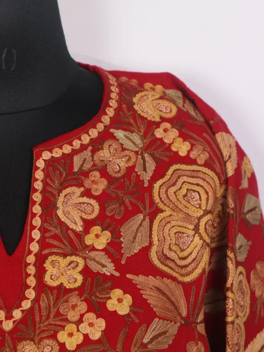 Mahnoor Kashmiri Red Aari Embroidered Jamawar Pheran in Raffal Wool - Image 3