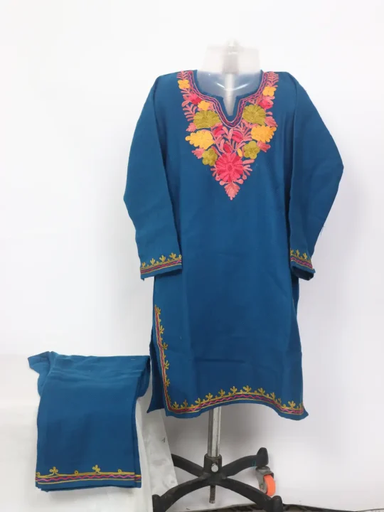 Mahoor Blue Kashmiri Girls 2pc Pheran Set With Aari Work In Cashmilon Wool (6 to7 Y)