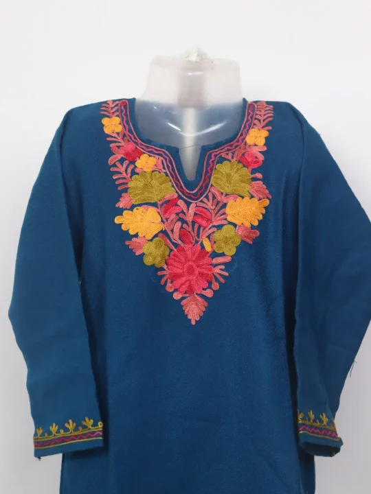 Mahoor Blue Kashmiri Girls 2pc Pheran Set With Aari Work In Cashmilon Wool (6 to7 Y) - Image 2