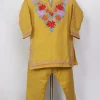 Mahrosh Mustard Kashmiri Girls 2pc Pheran Set With Aari Work In Cashmilon Wool (1 to 2 Y)