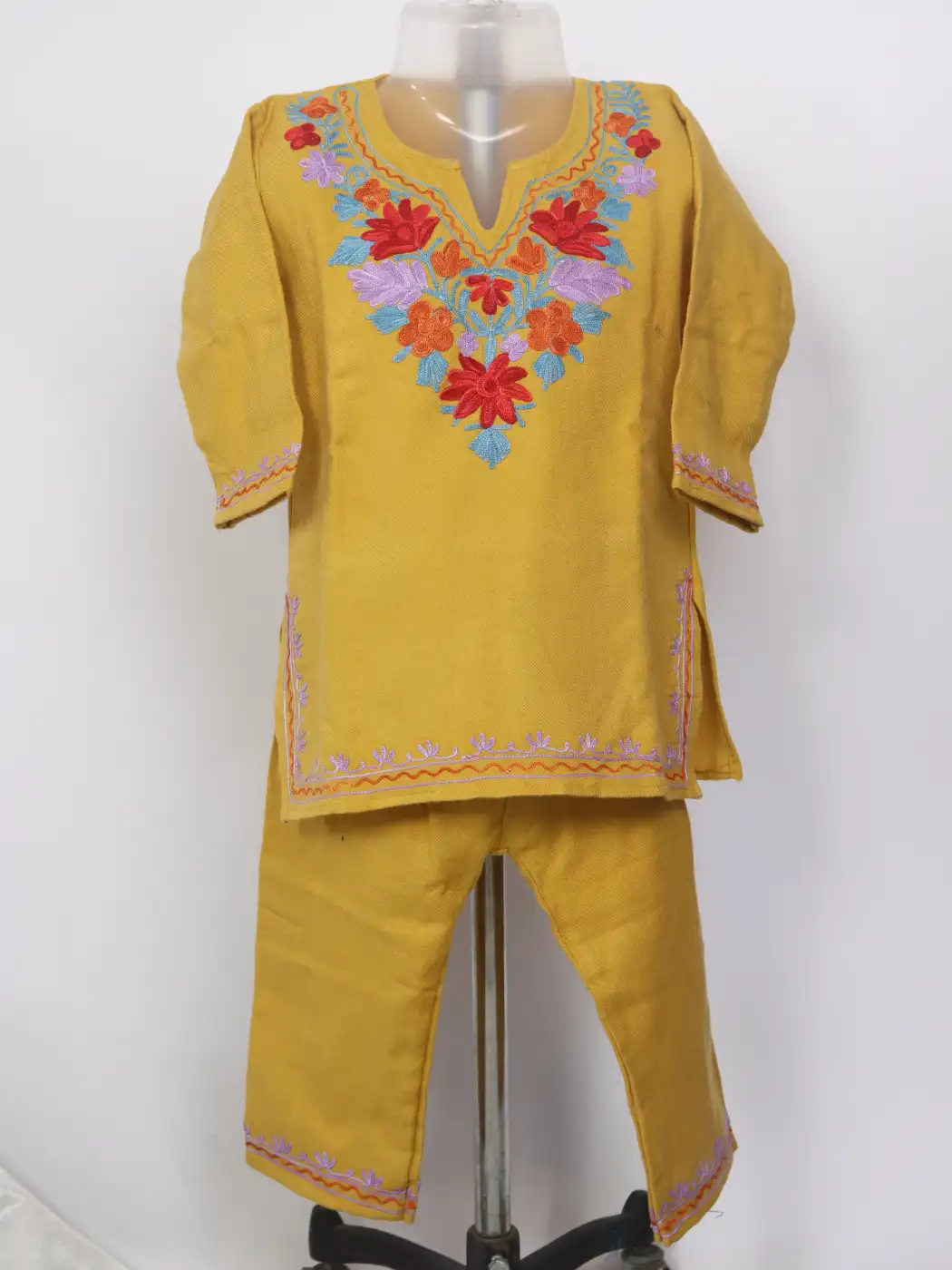 Mahrosh Mustard Kashmiri Girls 2pc Pheran Set With Aari Work In Cashmilon Wool (1 to 2 Y)