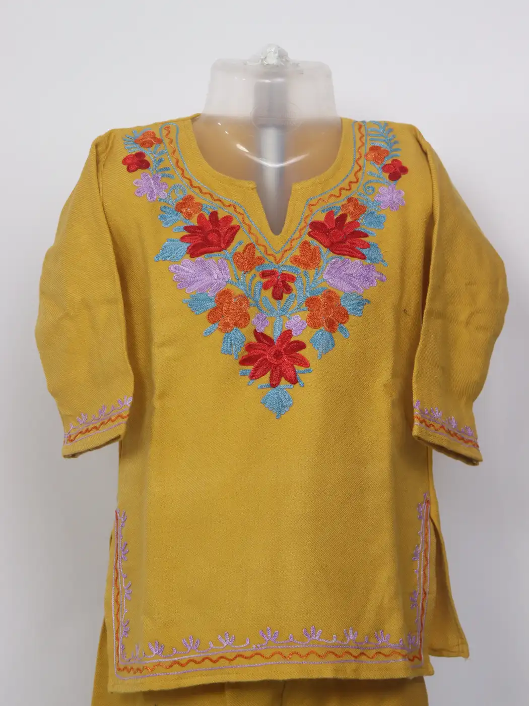 Mahrosh Mustard Kashmiri Girls 2pc Pheran Set With Aari Work In Cashmilon Wool (1 to 2 Y) - Image 2