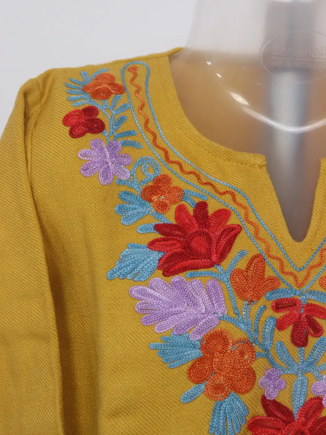 Mahrosh Mustard Kashmiri Girls 2pc Pheran Set With Aari Work In Cashmilon Wool (1 to 2 Y) - Image 3