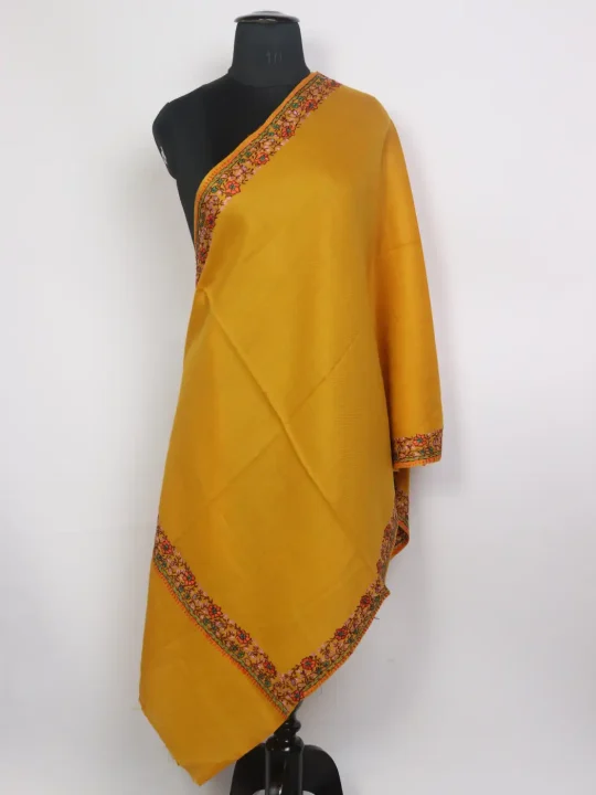 Mahzarin Kashmiri Hand Sozni Embroidery Stole Mustard Yellow