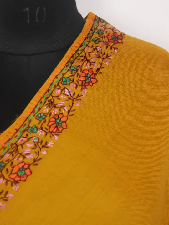 Mahzarin Kashmiri Hand Sozni Embroidery Stole Mustard Yellow - Image 3