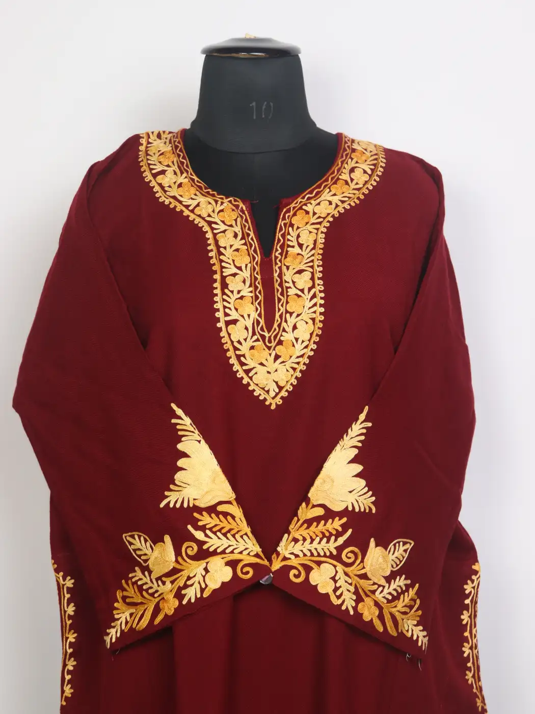 Maleeha Kashmiri Cashmilon Wool Aari Embroidered Red Pheran - Image 2