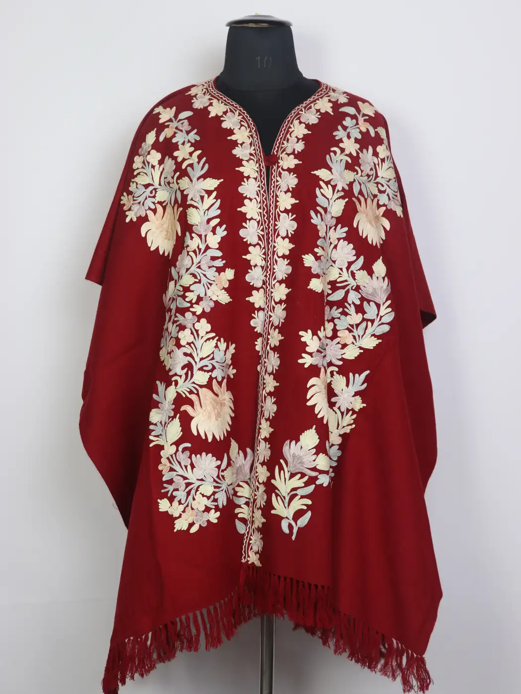 Maroon Aaniya Kashmiri Cape Shawl with Aari Work in Cashmilon Wool