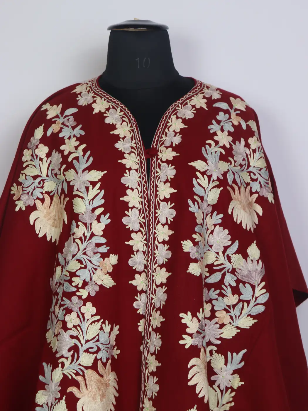 Maroon Aaniya Kashmiri Cape Shawl with Aari Work in Cashmilon Wool - Image 2