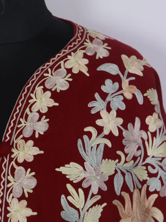 Maroon Aaniya Kashmiri Cape Shawl with Aari Work in Cashmilon Wool - Image 3
