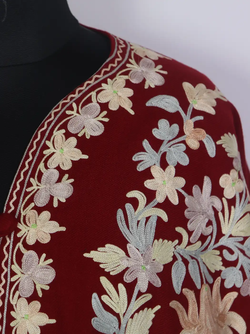 Maroon Aaniya Kashmiri Cape Shawl with Aari Work in Cashmilon Wool - Image 3