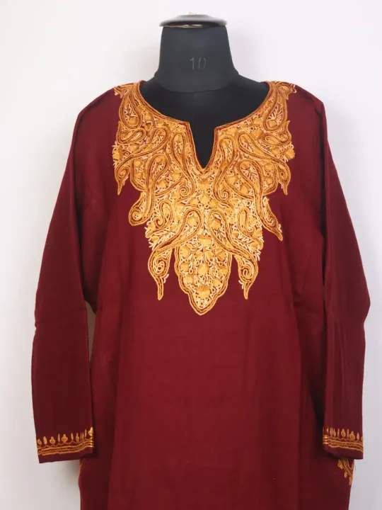 Zareen Kashmiri Maroon Raffal Wool Pheran With Hand Aari Embroidery - Image 2