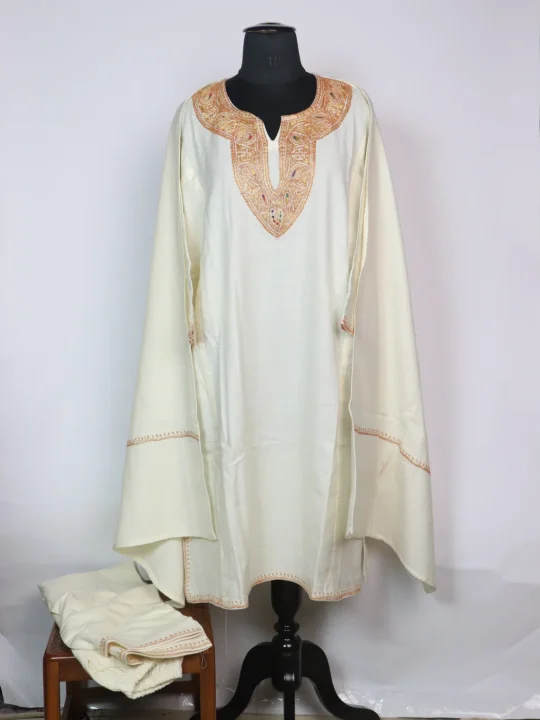 Marwa Kashmiri Pheran In Cashmilon Wool With Tilla Embroidery | Cream | 3 Piece Set