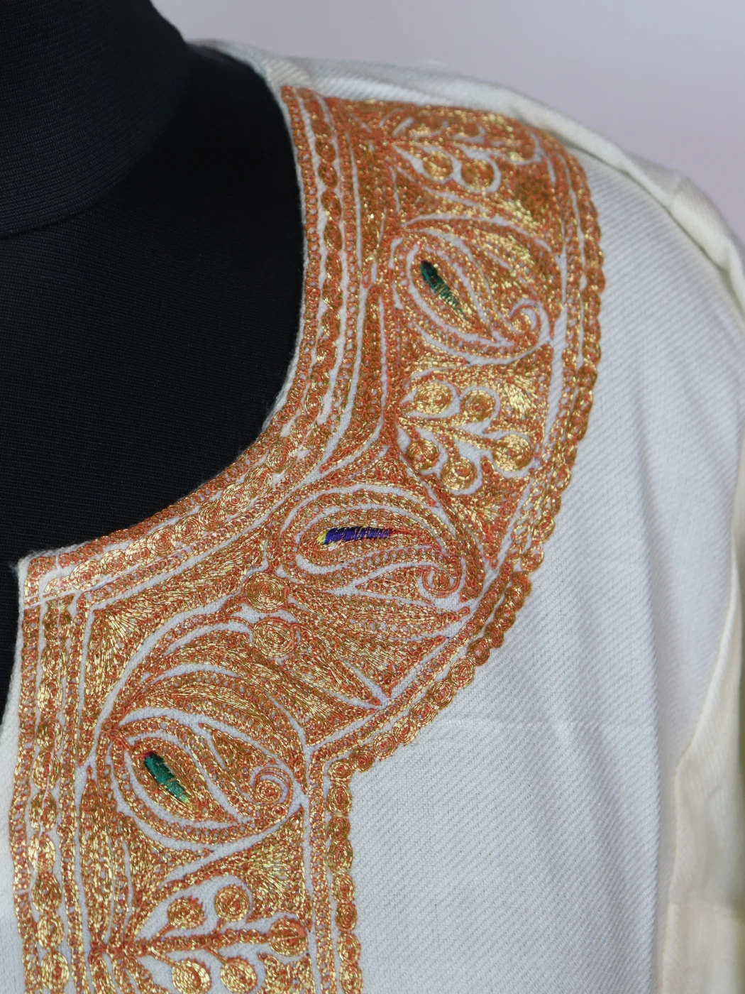 Marwa Kashmiri Pheran In Cashmilon Wool With Tilla Embroidery | Cream | 3 Piece Set - Image 3