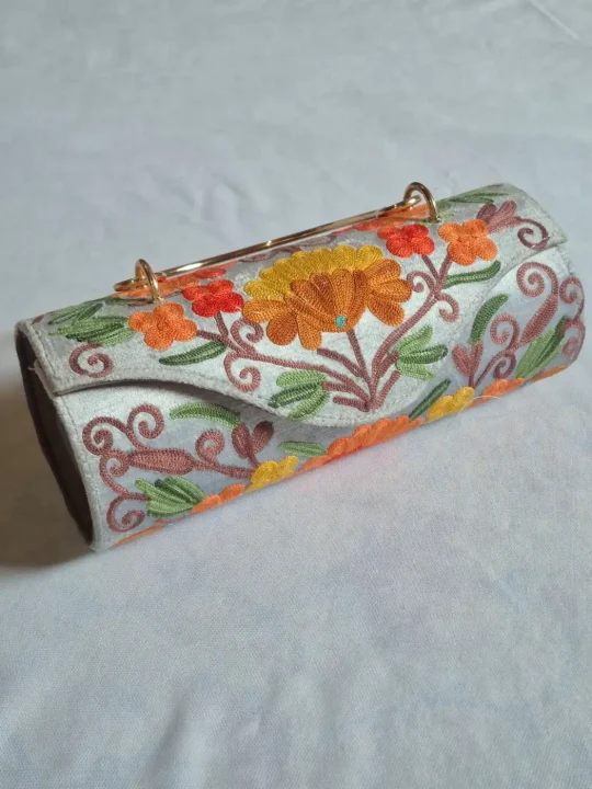 Maysa Kashmiri Grey Clutch Handbag with Aari Embroidery