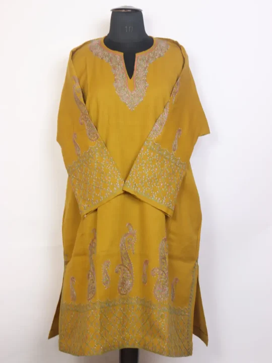 Mehar Raffal Wool Hand Sozni Embroidered Mustard Yellow Pheran
