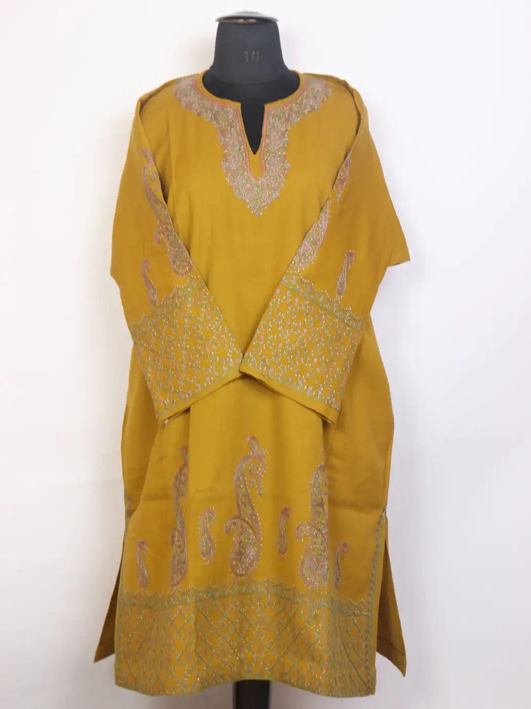 Mehar Raffal Wool Hand Sozni Embroidered Mustard Yellow Pheran