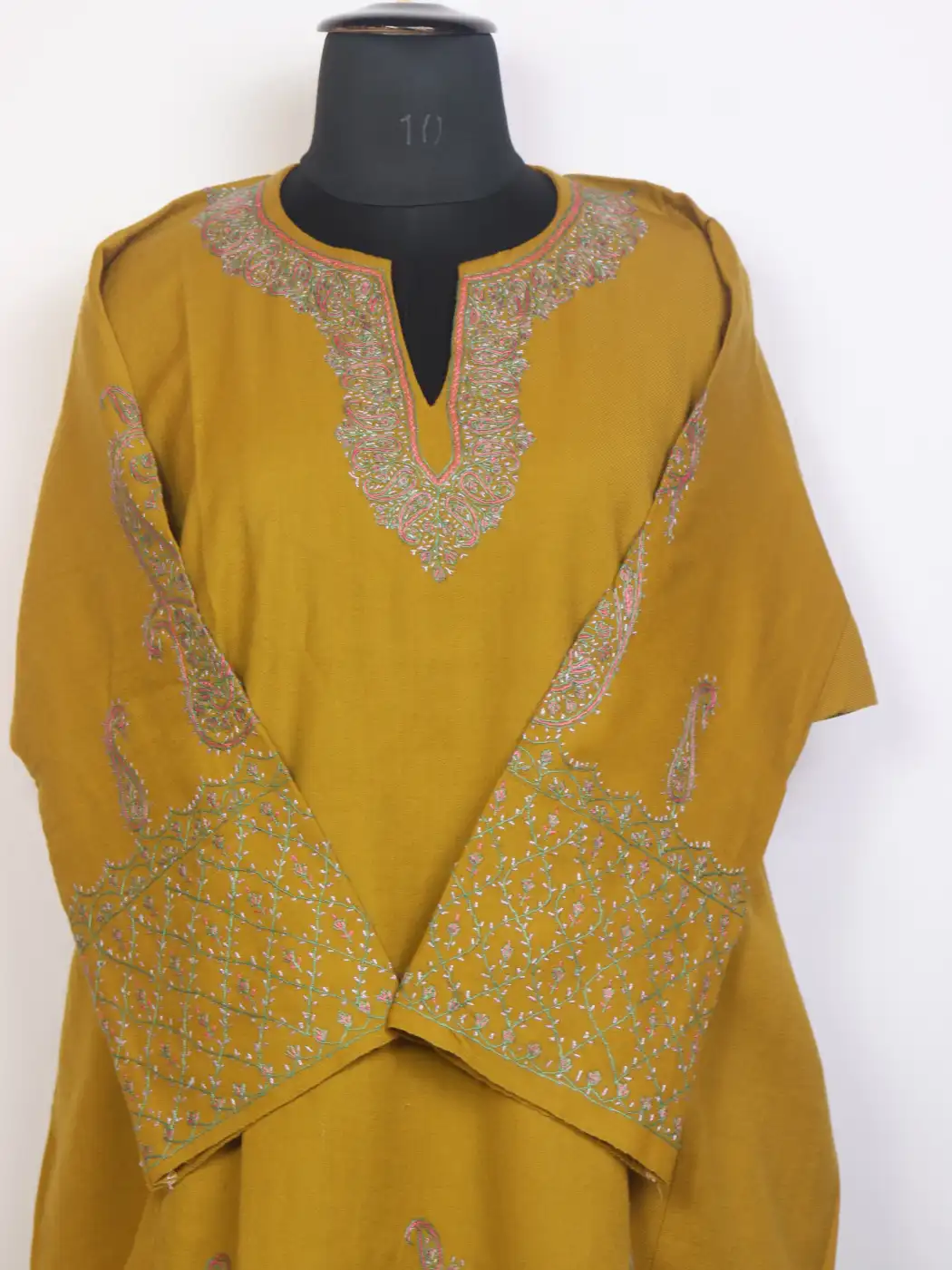 Mehar Raffal Wool Hand Sozni Embroidered Mustard Yellow Pheran - Image 2