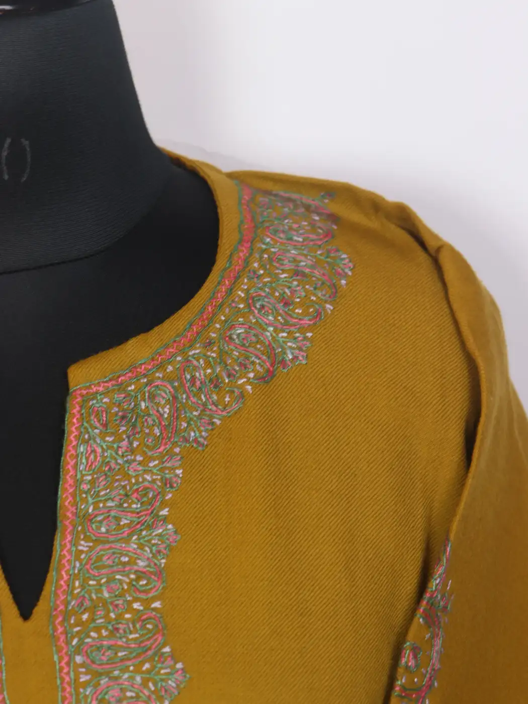Mehar Raffal Wool Hand Sozni Embroidered Mustard Yellow Pheran - Image 3