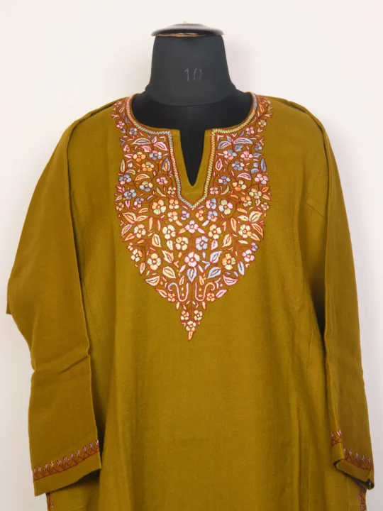 Meher Mustard Yellow Kashmiri Hand Sozni Embroidery Pheran - Image 2