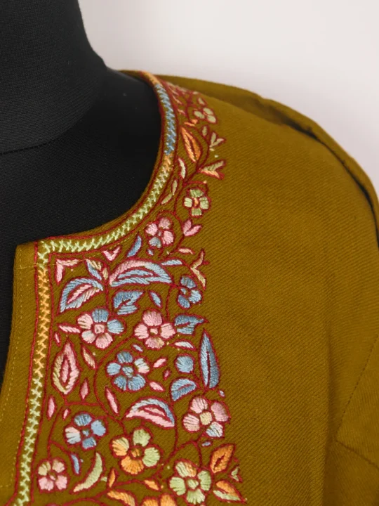 Meher Mustard Yellow Kashmiri Hand Sozni Embroidery Pheran - Image 3