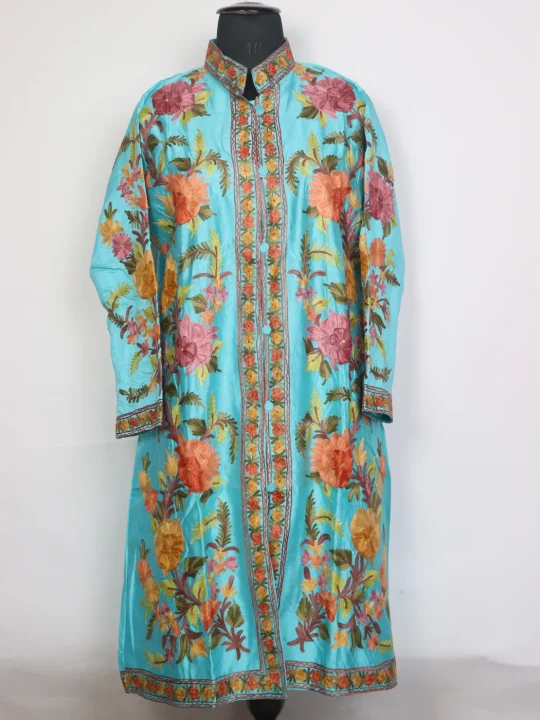 Meherbano Kashmiri Silk Long Aari Embroidered Coat Blue