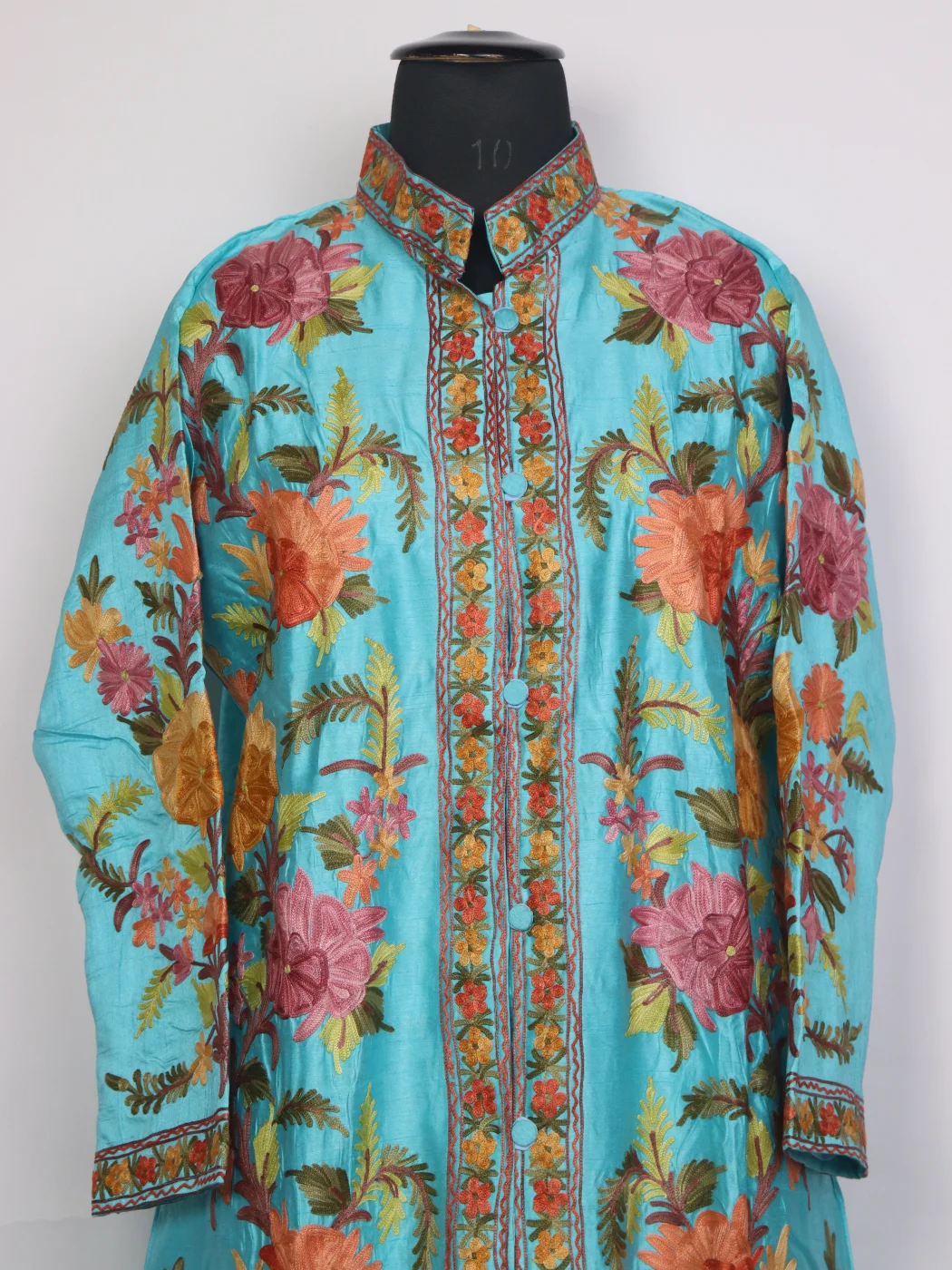 Meherbano Kashmiri Silk Long Aari Embroidered Coat Blue - Image 2