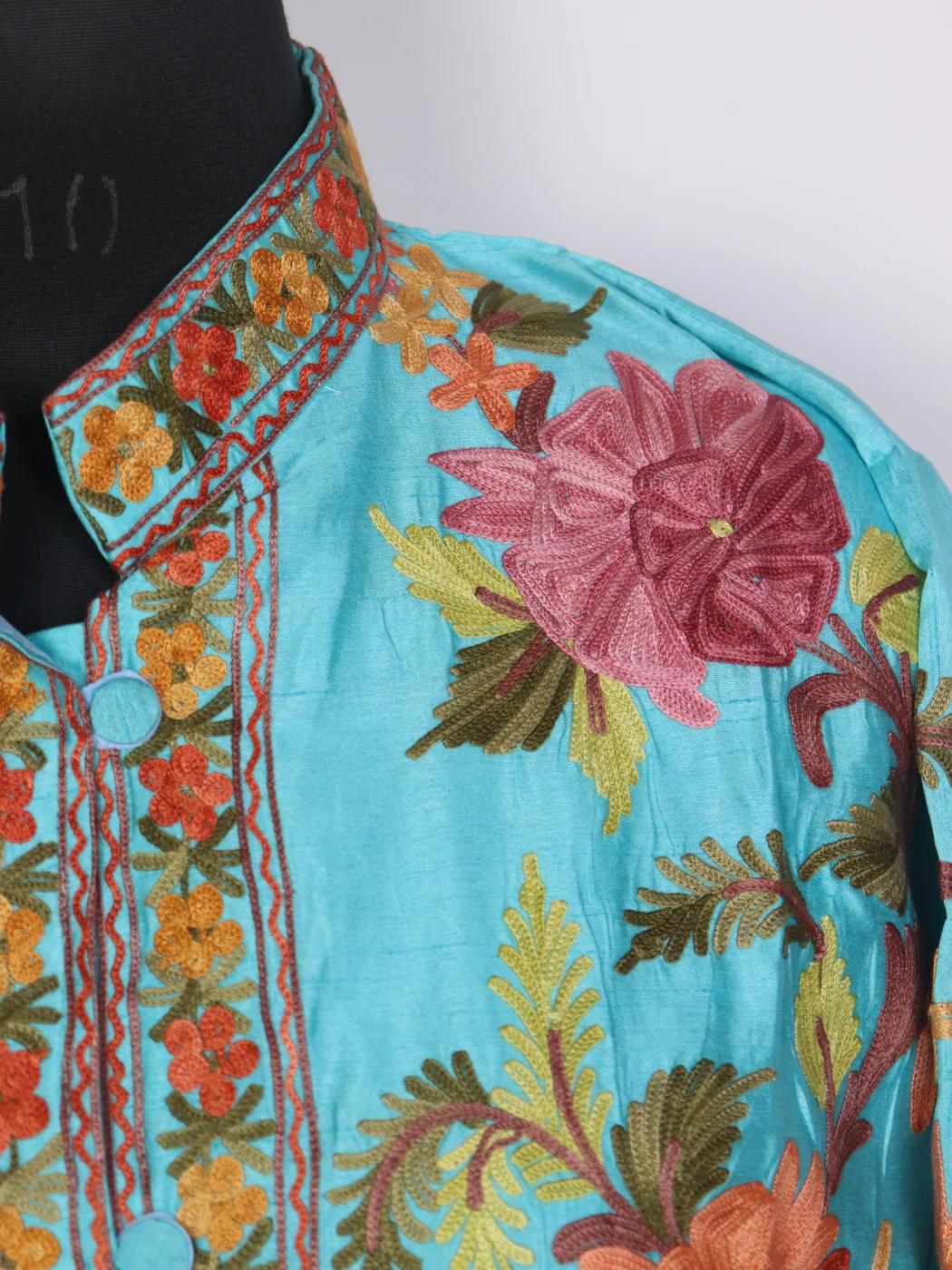 Meherbano Kashmiri Silk Long Aari Embroidered Coat Blue - Image 3