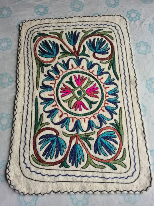 Mehfil Hand Embroidered Namda Rug – Blue Floral Medallion Design | 3×2 ft