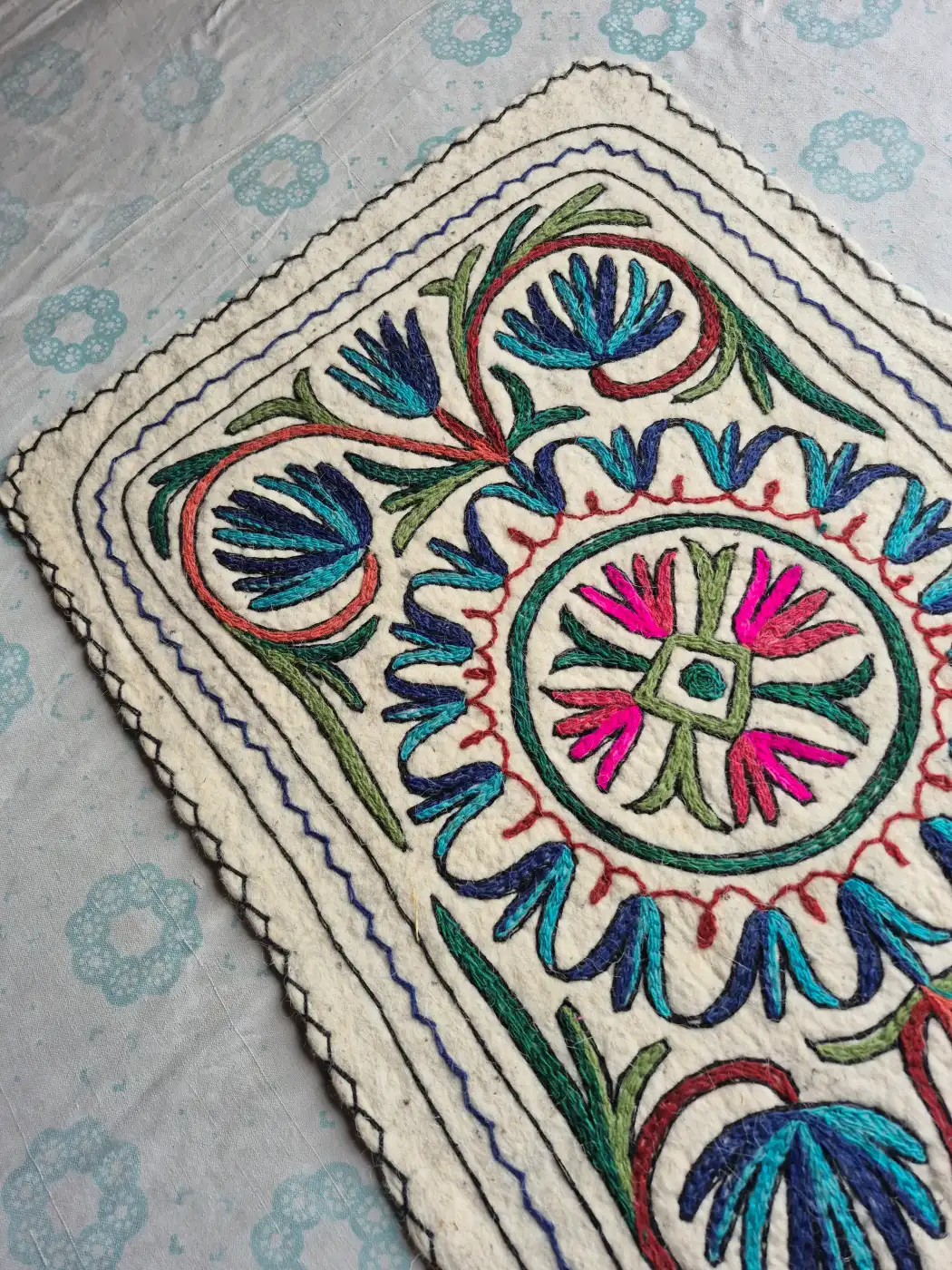 Mehfil Hand Embroidered Namda Rug – Blue Floral Medallion Design | 3×2 ft - Image 2