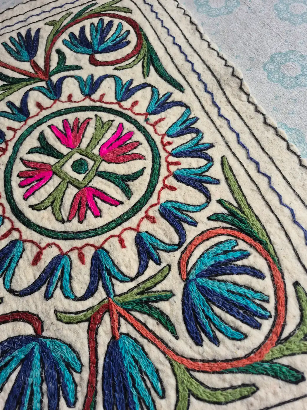 Mehfil Hand Embroidered Namda Rug – Blue Floral Medallion Design | 3×2 ft - Image 3