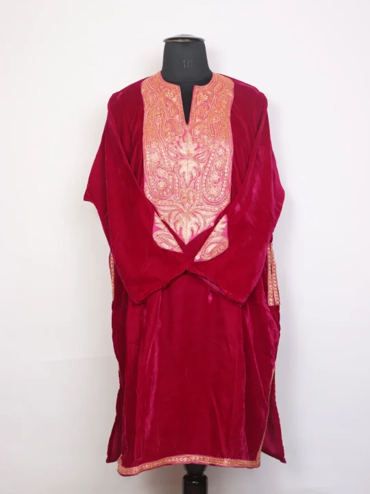 Mehfil Kashmiri Red Velvet Botte Tilla Embroidered Pheran
