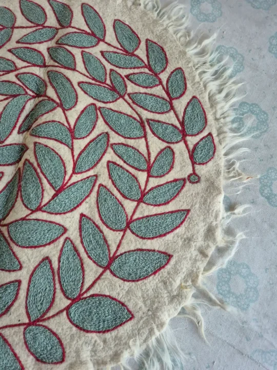 Mehraab Leaf Circle Wool Floor Accent with Fine Kashmiri Embroidery – 3x3 Feet - Image 2