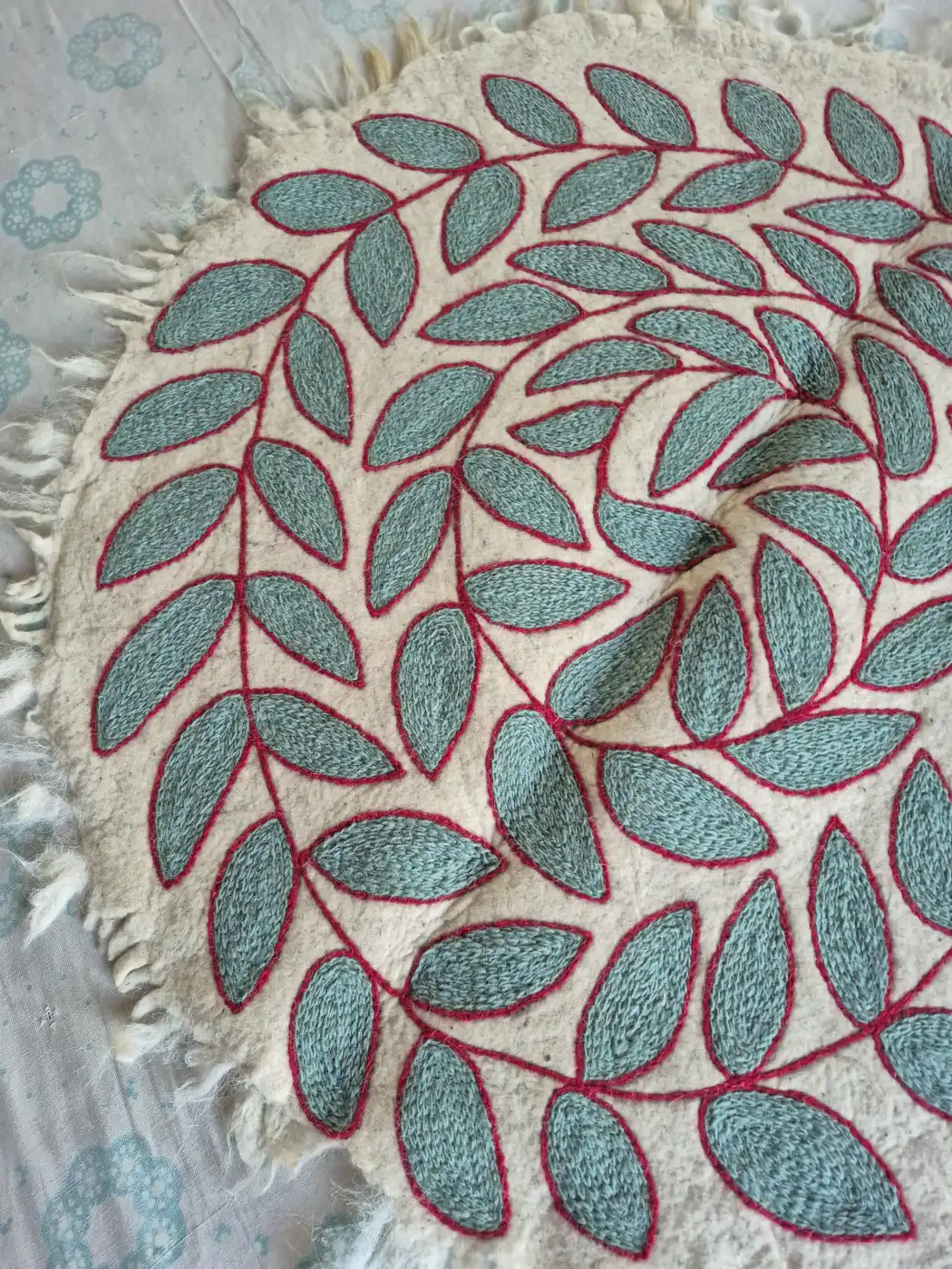 Mehraab Leaf Circle Wool Floor Accent with Fine Kashmiri Embroidery – 3x3 Feet - Image 3