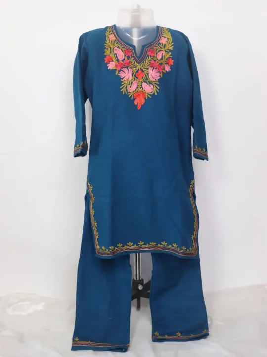 Mehreen Blue Kashmiri Girls 2pc Pheran Set With Aari Work In Cashmilon Wool (6 to 7Y)