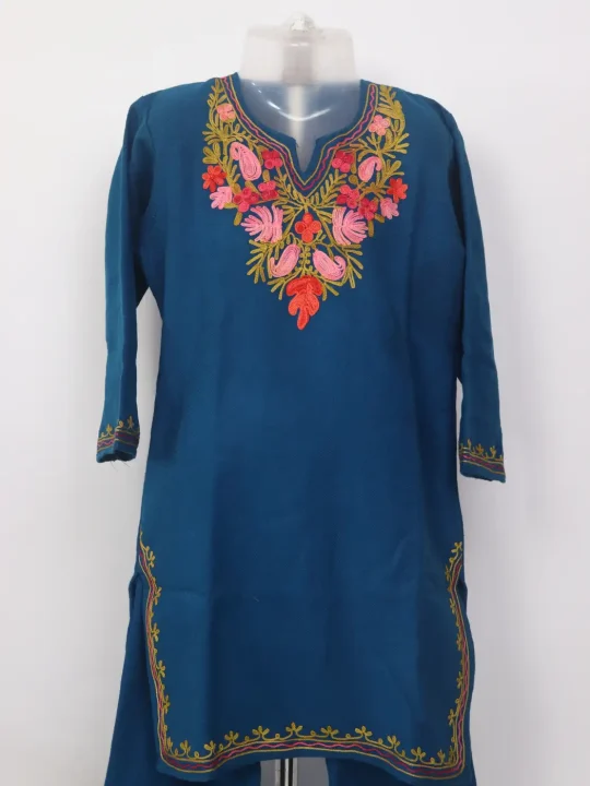 Mehreen Blue Kashmiri Girls 2pc Pheran Set With Aari Work In Cashmilon Wool (6 to 7Y) - Image 2